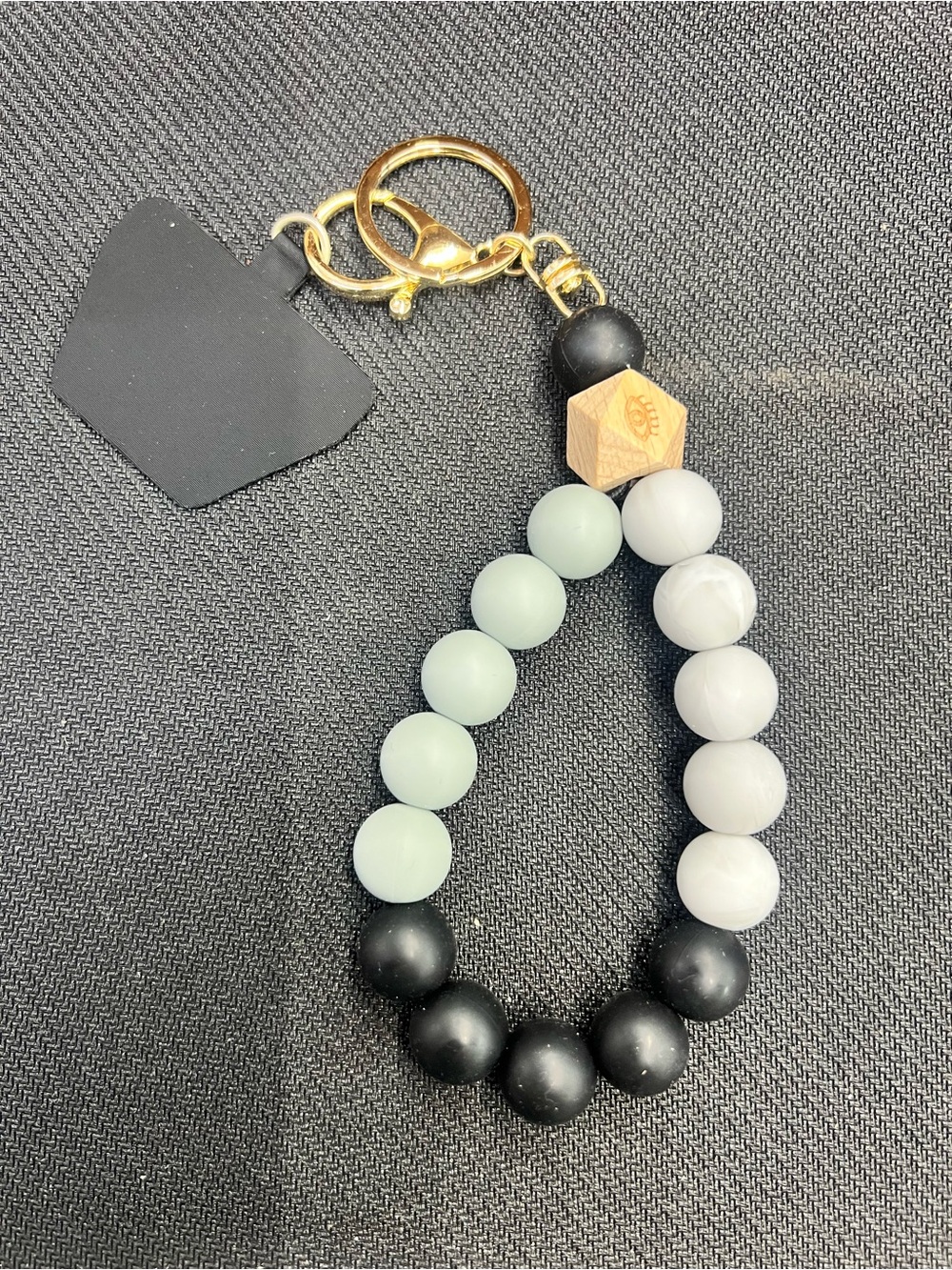 Handmade Beaded Keychain Wristlet in Mint, White & Black
